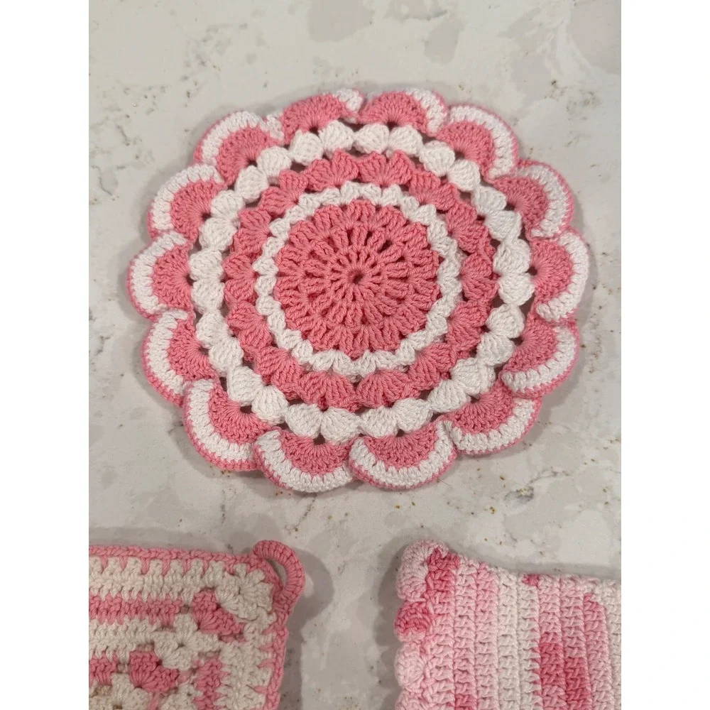 Vintage Crochet Potholders Trivets Set‎ of 5 Pink Cream Handmade Granny Square
